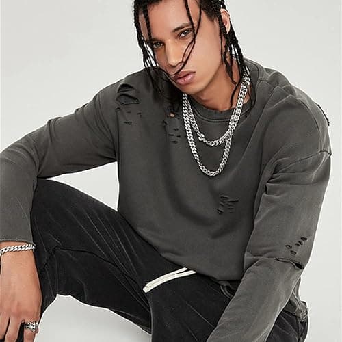 ELKNLMU Vintage Streetwear ripped Sweatshirt Men Fashion Autumn Solid Color Oversize Sweatshirt thumbnail 2
