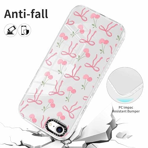 RUMDEY 2 Pack Cute Coquette Bow Phone Case for iPhone 7/8 / SE 2020/2022 4.7", Clear Aesthetic Pink Cherry Ribbon Checkered Pattern Print Design Women Girls Case Soft Shockproof TPU Funda Cover thumbnail 6