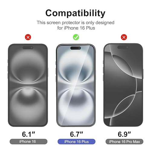 NEW'C 3x Screen Protector for iPhone 16 Plus (6.7 inches)+ 3x Camera Lens Protector, Sensor Protection, Case Friendly Tempered Glass Film + Dust Plug- Easy installation tool include thumbnail 2