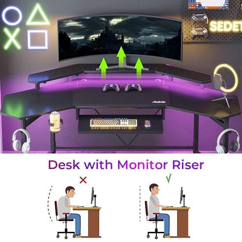 Sedeta Gaming Table with LED Lights, L-Shaped Keyboard Tray & Monitor Stand, Headphone Hooks, Cup Holder, Black thumbnail 6