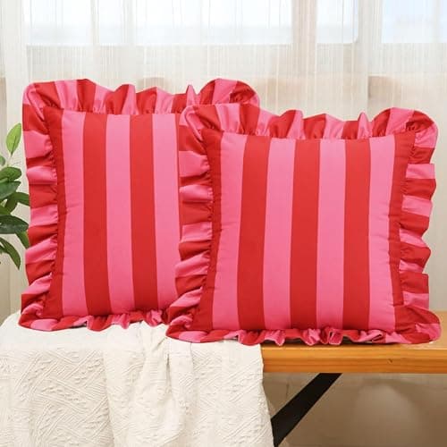 vctops Ruffle Square Throw Pillow Covers Boho Pink and Red Striped Decorative Pillowcases Set of 2, Soft Velvet Accent Cushion Cover Cases for Sofa Bed Living Room Decor (Pink,18"x18") - Image 1