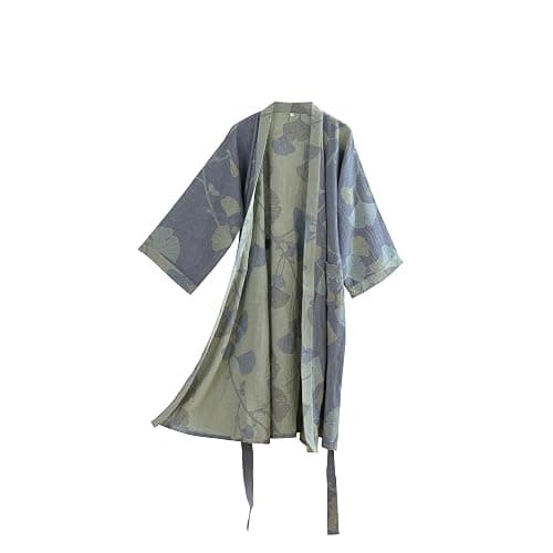 Purefair 100% Cotton Gauze Ginkgo Leaf Kimono Robe, Long Knit Loose Bathrobe Nightgown Ladies Loungewear Sleepwear for Women - Image 1