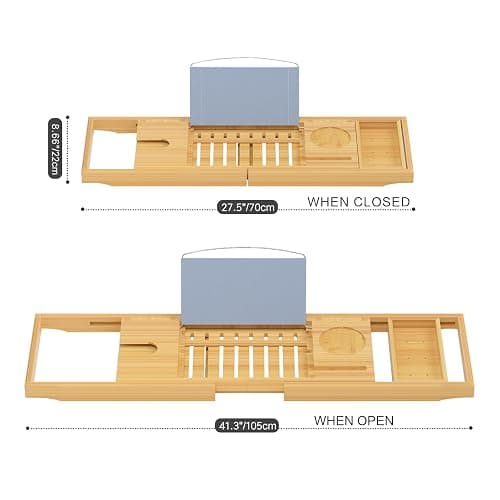 Sen Yi Bao Luxury Bamboo Bathtub Tray - Wooden Expandable Caddy with Book, Tablet, Wine Holder - Gift Idea thumbnail 3
