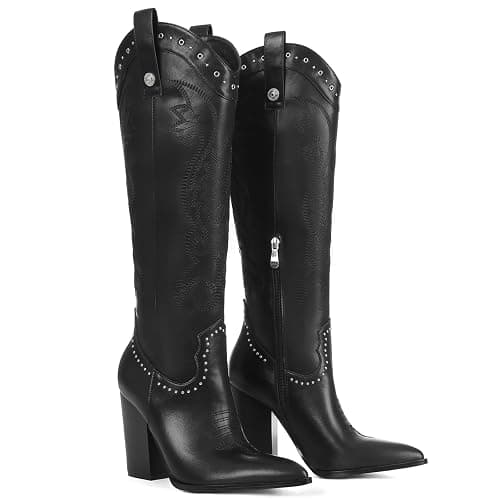 VOMIRA Knee High Cowboy Boots for Women Pointed Toe Chunky High Heels Pull-on Embroidered Boots Western Boots Wide Calf Cowgirl Boots thumbnail 5