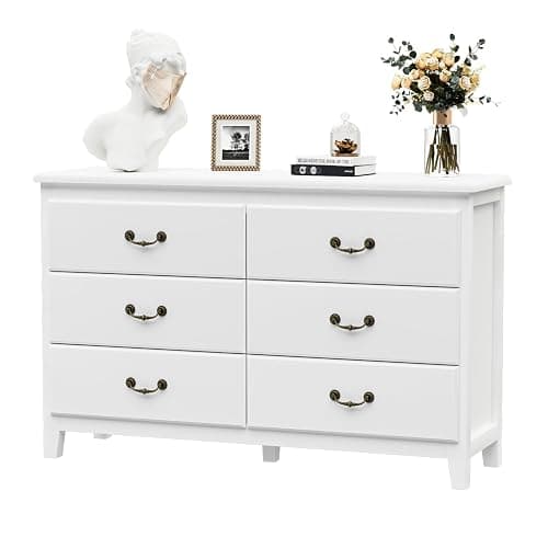 White Dresser, Modern 6 Drawer Double Dresser for Bedroom Adults & Kids with Vintage Gold Handles, Wide Dressers & Chests of Drawers, 6 Drawer Dressers for Hallway, Antique White thumbnail 6