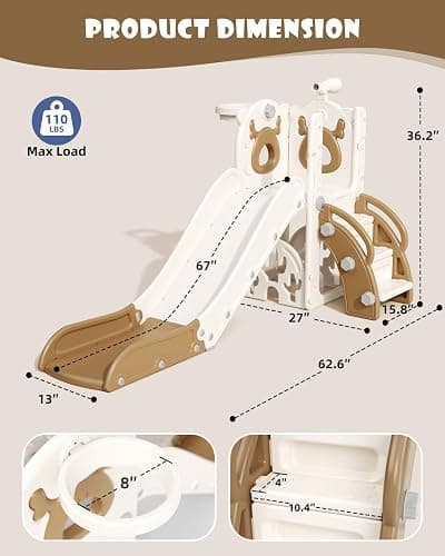 XJD 7 in 1 Toddler Slide, Kids Indoor Slide for Toddlers 12-36 Months, New Upgrade with Golf, Basketball Hoop for Indoor Outdoor Playset,Toddler Playground (White Brown) thumbnail 2