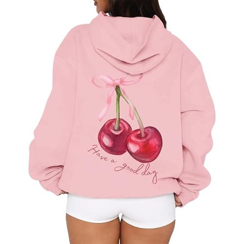 Tuislay Womens Cute Cherry Graphic Hoodie Ribbon Bow Printed Sweatshirt Drop Shoulder Aesthetic Pullover Hoodies With Pocket thumbnail 2