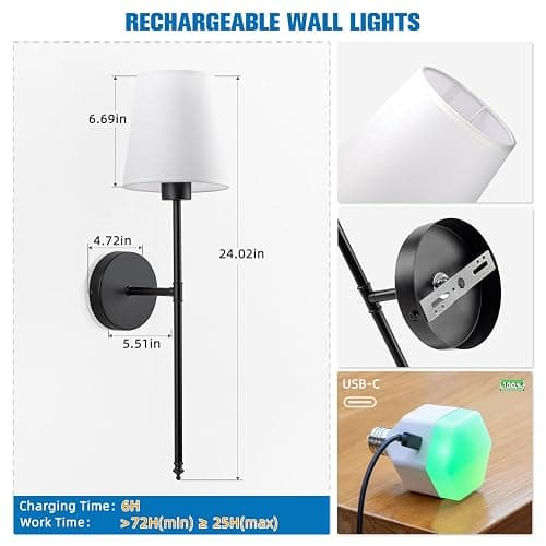 NIORSUN Battery Operated Wall Sconce Set of 2,Black Rechargeable Wall Lights with 10400mAh Dimmable Bulbs and Remote,10 Colors Wireless Wall Lamps for Bedroom Living Room Hallway Decor thumbnail 7