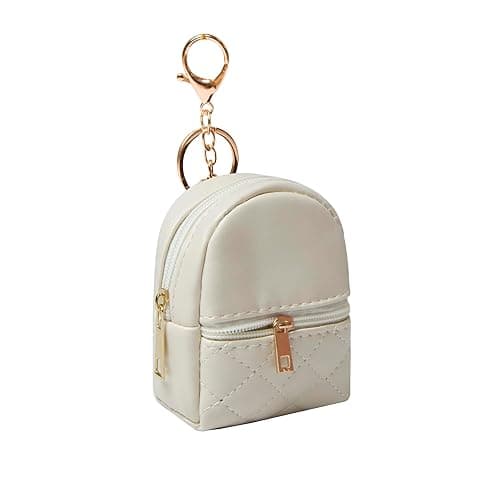 Mini Backpack Cute Cosmetic Bag for Women, Creative Cute Pendant Keychain Key-chains Keyrings PU Leather Makeup Bag Key Pocket Lipstick Bag Card Holder Data Cable Organizer Zipper Pouch (Beige) - Beige thumbnail 3