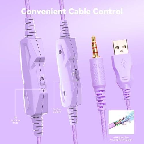 Gaming Headset with Microphone for Pc, Xbox One Series X/s, Ps4, Ps5, Switch, Stereo Wired Noise Cancelling Over-Ear Headphones with Mic, RGB, for Computer, Laptop, Mac, Nintendo (White Purple) thumbnail 6