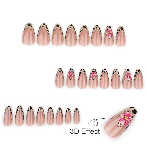 Leopard Hibiscus Press on Nails Medium Almond Fake Nails - Pink Flower False Nails Press ons with Gold Pearls Design Reusable Acrylic Nails Glossy Full Cover Stick on Nails for Women Manicure 24 Pcs - Style-28 - 1 Fl Oz (Pack of 24) thumbnail 4