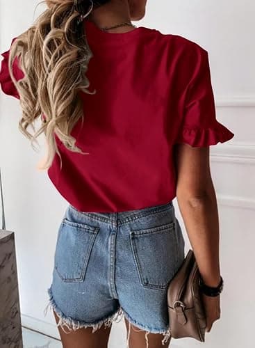 PRETTYGARDEN Women's Short Sleeve Casual T Shirts Summer Ruffle Plain Round Neck Loose Fit Tee Blouse Tops thumbnail 2