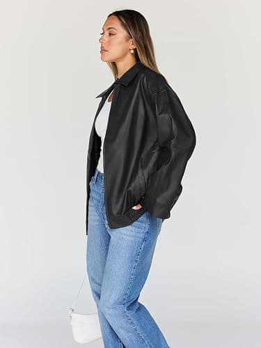 Trendy Queen Womens Oversized Leather Jacket Moto Bomber Coat Fall&Winter | Spring Jacket Boyfriend Fall Clothes Going Out Fashion Concert Party Coat Travel Airport Winter Outfits thumbnail 3