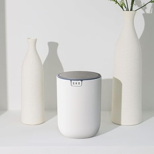 EKO Mini Desk Trash Can with Swing-Top Lid 0.4 Gallon Small Table Round Wastebasket for Office, Home, Car (White) thumbnail 4