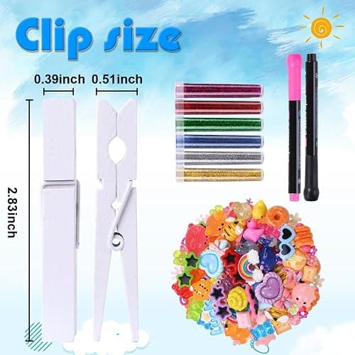JOICEE 80 Set Cheer Pins Spirit Clips,Clothes pins Include 126 Mini Resin Animals Bows and Self Adhesive Stickers Pen 300 Beads Pearls for Backpacks Ribbon Team Classroom Cheer Gifts Bulk(White Wood) thumbnail 3