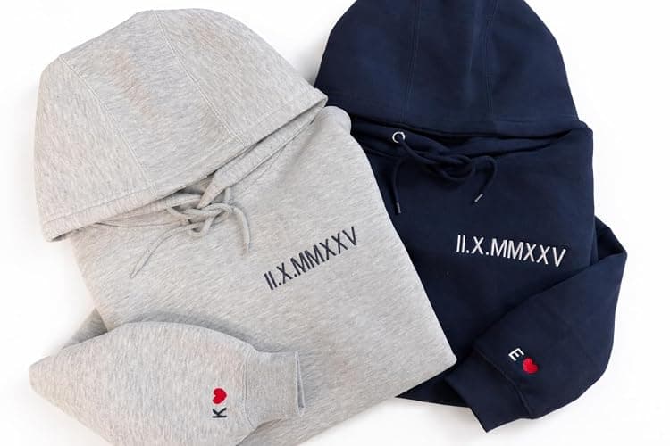 Custom Embroidered Roman Numeral Hoodie, Personalized Hoodie For Boyfriend Girlfriend With Initial Heart, Gifts for Boyfriend Girlfriend Couples, Matching Hoodies For Couples. thumbnail 3