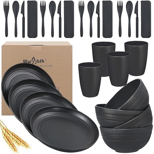Wheat Straw Dinnerware Sets, Wheat Straw Plates and Bowls Sets for 4 Kitchen Dishes 28pcs College Dorm Room Essentials Cutlery Set Microwave Safe (Black) - Image 1