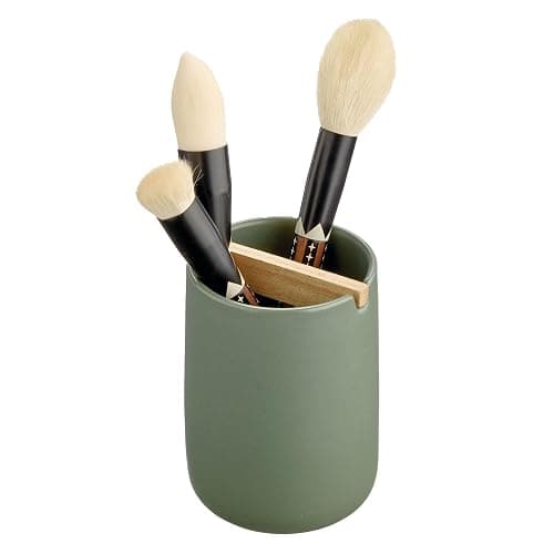 iDesign Ceramic Earth Collection Toothbrush Holder with Paulownia Wood Divider, Moss/Natural Wood thumbnail 6