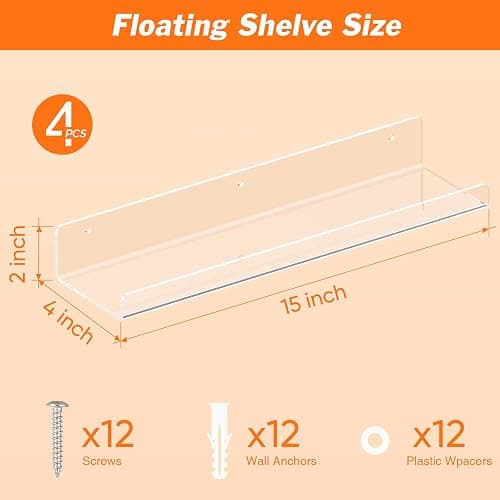 Dooiclear 4 Pack Floating Shelves for Wall, 15" Clear Book Shelf, Acrylic Floating Wall Shelf, Display Shelves Organizer for Bathroom, Classroom, Bedroom, Living Room, Kitchen, Room Decor thumbnail 3
