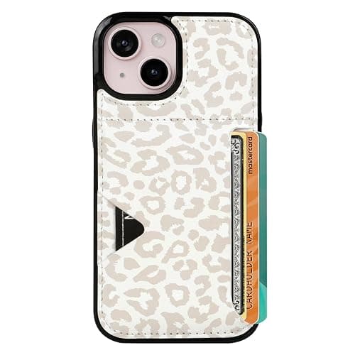 uCOLOR for iPhone 13 14 15 Case with Card Holder- Slim Leather Wallet Case Credit Card Holder Drop Protective Hidden Card Slot Cover for Woman Man (Beige Leopard, iPhone 15/14/13) - Image 1