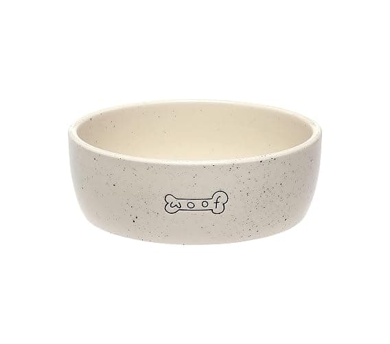 Pearhead Ceramic Dog Bowl – “Woof” Speckled Pet Food & Water Dish, Durable Stoneware, Non-Slip Heavy Base, 20 oz, Medium - Image 1