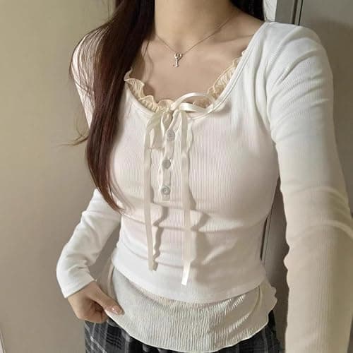 Y2K Coquette Shirts Girly Lace Patchwork Tight Crop Tops Women Fairycore Aesthetic Baby Tee Bow Tie Cutecore Clothes thumbnail 2