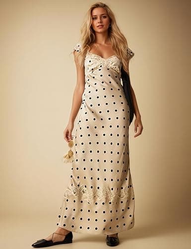FUNTOUR Women Polka Dot Dress Summer Boho Dresses for Women Sexy Lace Patchwork A-Line Maxi Dress with V-Neck Cap Sleeves thumbnail 3