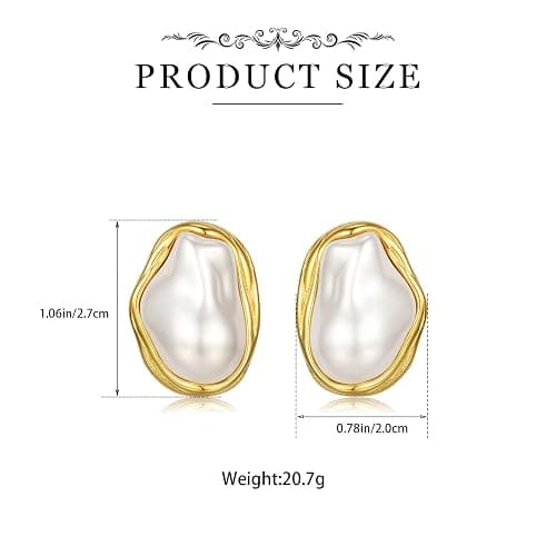 Dckazz Vintage Pearl Earrings Chunky 14K Gold Plated Pearl Earrings for Women Oval Stud Non Tarnish thumbnail 7