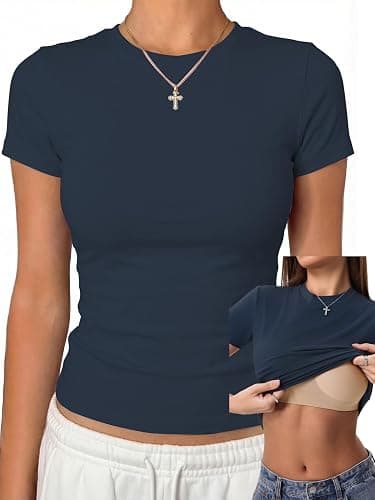 Danysu Nude Built in Bra Cotton Jersey T Shirt No See Through Stretchy Lightweight Fitted Everyday Basic Tops Gym Workout Tee - Image 1