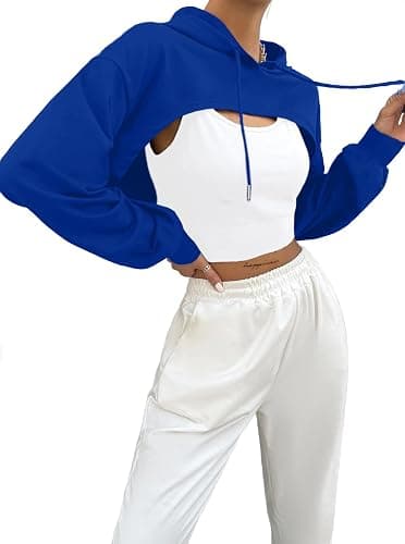 Hilinker Women's Long Sleeve Cropped Hoodie Workout Drawstring Super Crop Tops without Camisole thumbnail 2