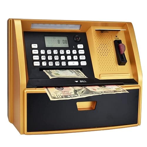 ATM Savings Bank with Debit Card, Electronic Piggy Bank for Real Money, Coin Recognition, Targets Setting, Password Login, Voice Prompt, Great Gift for Boys Girls (Golden/Black) - Image 1