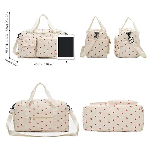 Strawberry Duffel Bag for Girls,Corduroy Gym Bag with Shoe Compartment & Wet Pocket,Cute Travel Weekend Overnight Dance Bag for Teens (white) thumbnail 4