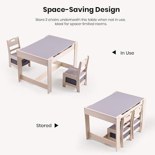 Rinnebbit 4 in 1 Toddler Table and Chair Set, Wood Kids Activity Play with Toy Storage, 2 Drawers, Detachable Tabletop for Crafting, Reading, Dining, Sensory Table w/Bins for Home, Nursery (Natural) thumbnail 6