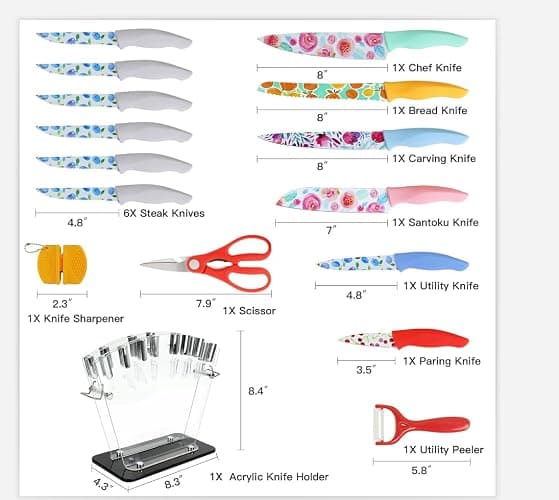 G.a HOMEFAVOR Knife Set for Kitchen, 16Pcs Stainless Steel Print Nonstick Coated Blade Kitchen Knives with Acrylic Stand, Multicolored thumbnail 3