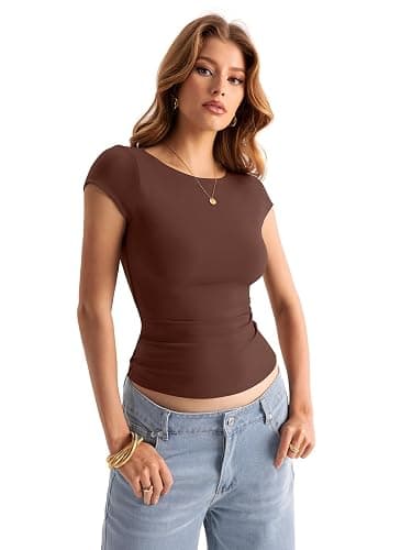 EasyGala Womens Double Lined Cap Sleeve Tops Cute Boat Neck T Shirts Slim Fitted Going Out Tees Y2k Summer Clothes 2026 thumbnail 5