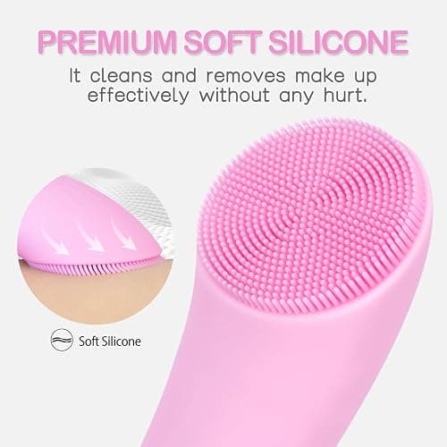 PRITECH Facial Cleansing Brush, Rechargeable Silicone Face Scrubber with Heat Massage End, Vibrating Exfoliator Scrubber for Deep Cleaning, Waterproof Face Brush for Women and Men (Pink) thumbnail 7