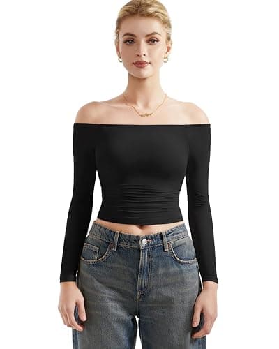 SUUKSESS Women Off Shoulder Double Lined Long Sleeve Shirts Basic Going Out Tops thumbnail 2