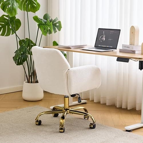 VINGLI Comfy Fuzzy Vanity Chair, Swivel Makeup Chair with Wheels, Upholstered Height Adjustable Armchair with Gold Base, Modern Ergonomic Desk Chair for Bedroom, Home Office, Pure White thumbnail 3