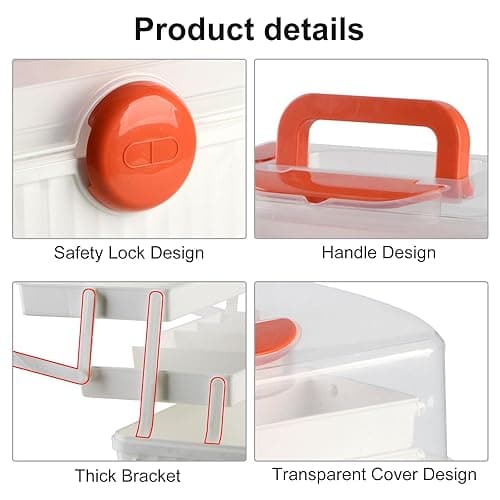 MC MEICHUANG Plastic Family First Box Aid, 3 Layers Portable Medicine Storage Container, Empty Emergency Medical Organizer with Handle for Family, Office and Travel (White-Orange-Clear) - White-Orange-Clear thumbnail 4