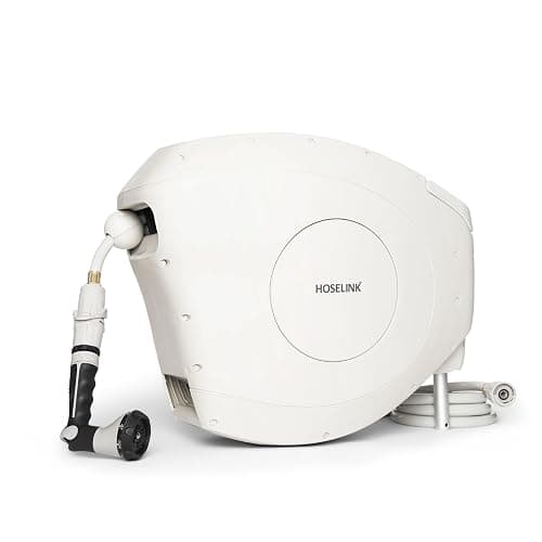 HOSELINK Beige 50ft Hi-Flow Automatic Retractable Garden Hose Reel, 9/16”, 8-Pattern Spray Nozzle, UV-Stabilized Kink-Free Hose, Wall Mounted Complete Watering Solution for Backyard, Garden & Outdoor - Image 1
