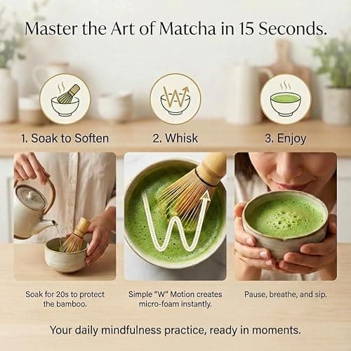 ARTDOU 100-Prong Bamboo Matcha Whisk (Chasen) - Traditional Green Tea Powder Stirrer & Mixer, Authentic Handcrafted Macha Wisk, Better Than Electric Frother for Matcha Latte, Kitchen Gift for Women thumbnail 5