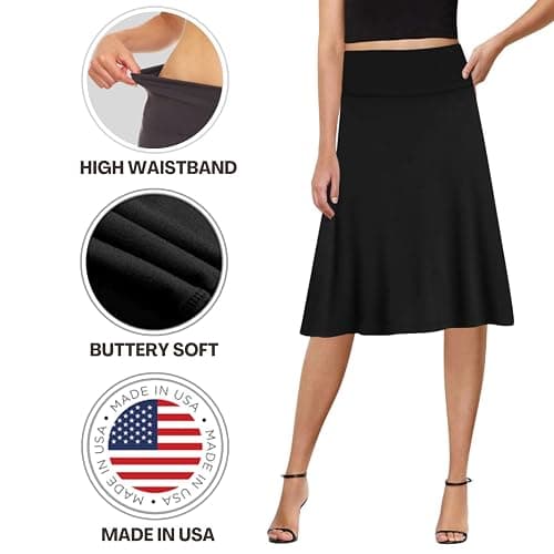 Sweet Hearts A-Line Midi Skirts for Women- Black Skirt Womens Knee Length | Black Midi Skirt, Foldover Waist, Midi Length, Basic, Flowy, Womens Skirts, High Waist, ALine, Modest, Flared, Made in USA thumbnail 5