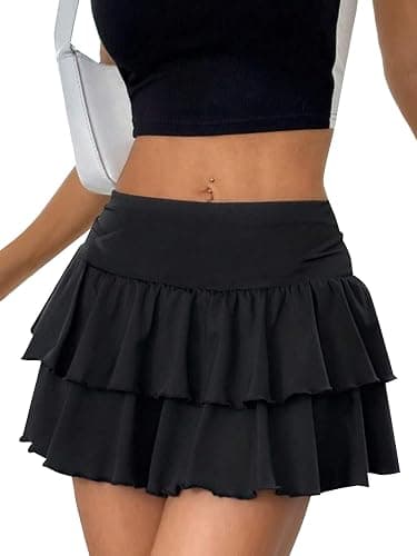 SOFIA'S CHOICE Women's Ruffle Layered Low Elastic Waist Mini Skirts with Inner Shorts thumbnail 3