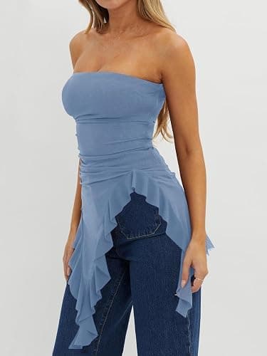Womens Strapless Tube Tops Summer Asymmetrical Long Ruched Mesh Shirts Cute Y2k Ruffle Hem Going Out Bandeau Top thumbnail 2