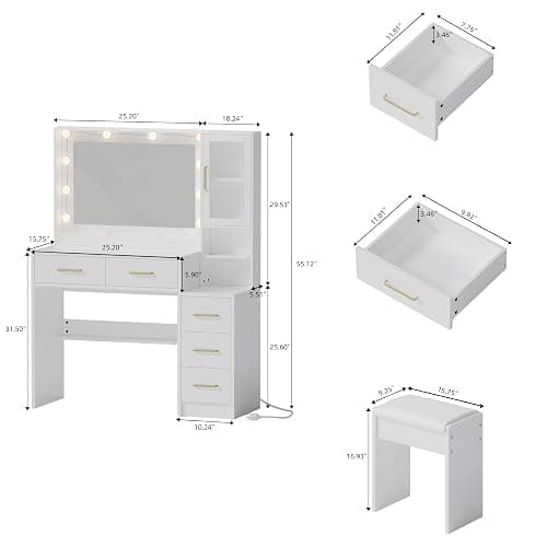White Vanity Table with Drawer Dresser, Farmhouse Vanity Makeup Desk with Charging Station, Vanity Desk with Lights Mirror & Drawers for Makeup,Vanity Desk with Storage Shelf & 5 Drawers (Gold Handle) thumbnail 2