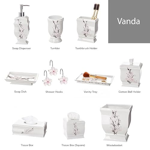 Creative Scents Vanda Bathroom Set - Cherry Blossom White Bathroom Accessories Set - 4 Piece Floral Bathroom Soap Dispenser Set Includes: Lotion Dispenser, Toothbrush Holder, Tumbler & Soap Dish thumbnail 7