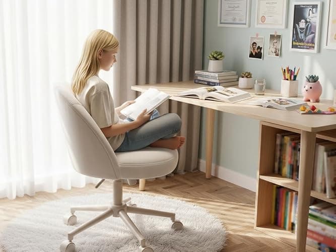 EnHomee Vanity Chair with Wheels, Small Office Chair with Back, Cute Armless Desk Chair for Makeup Room, Home Office,Bedroom, White thumbnail 4