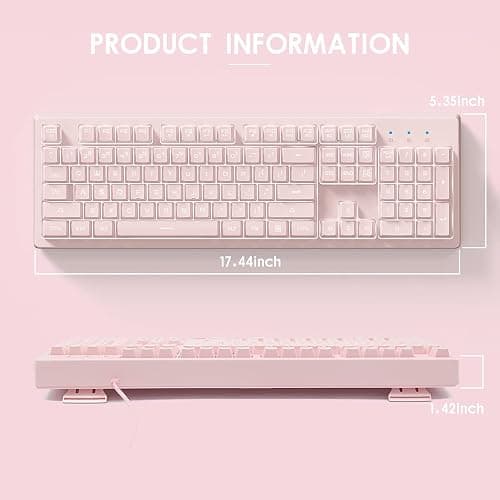 Basaltech Pink Keyboard with 7-Colors LED Backlit,104 Keys Silent Creamy Keyboards,Double Shot Keycaps Light Up Keyboard Wired USB for Computer,Mac,Laptop thumbnail 5