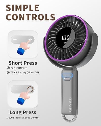 KinYiLO 6.5" Large Handheld Fan, Powerful Portable Fan for Travel, Gray | 1.1 lb, 100 Speed Level, 5-30H Runtime, 6000mAh Battery, Carabiner Clip & 135° Foldable Personal Fan for Beach Cruise Concert thumbnail 8
