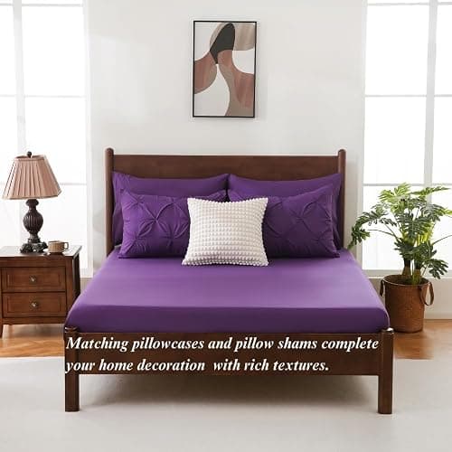 Sheet&Joy Comforter Set Purple - Bed in a Bag Queen Size 7 Pieces, Pintuck Bed Set Gift for Family, Pinch Pleat Comforter with Sheets, Pillowcases & Shams thumbnail 6